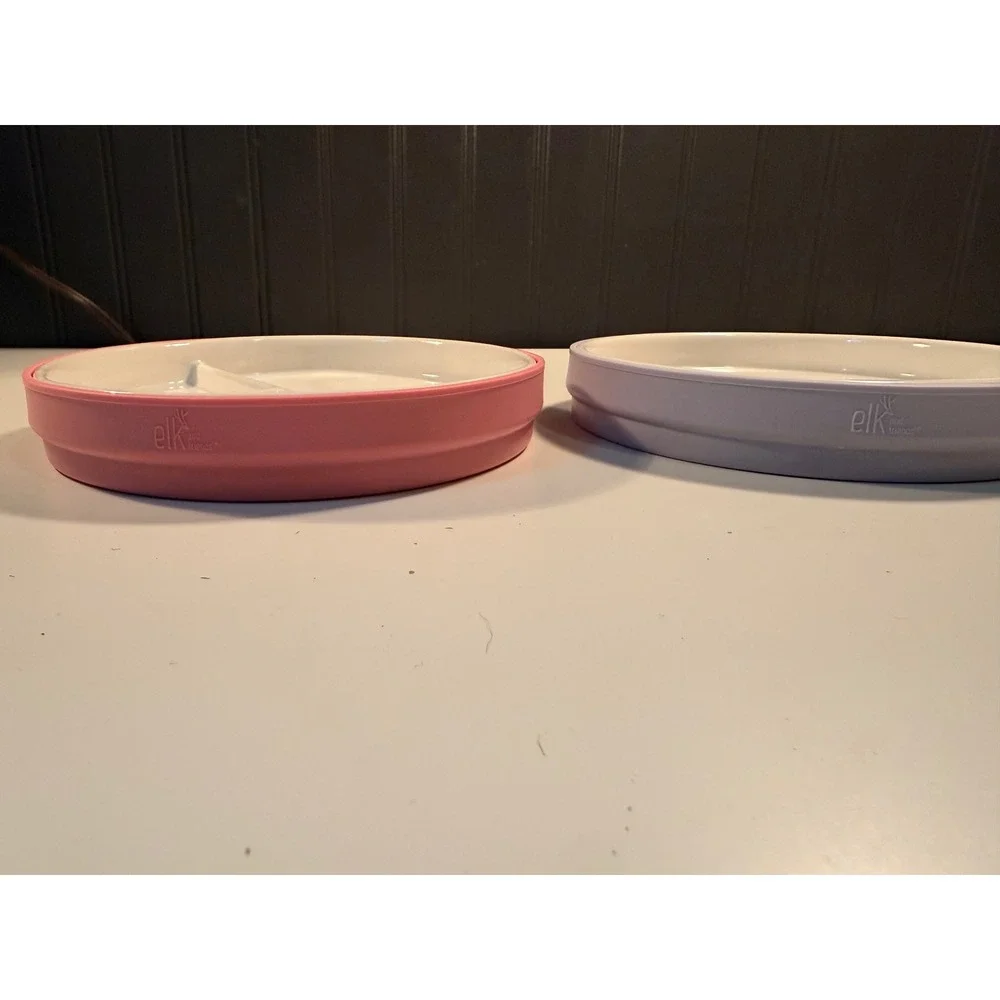 Elk and Friends Ceramic Divided Toddler Plates with Silicone Sleeves Pink Purple